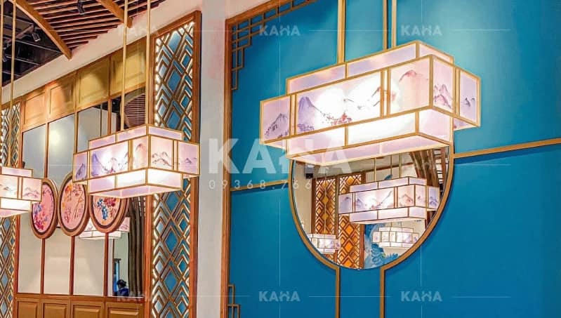 Đèn mica bọc vải in hoa văn cao cấp chao vải lụa decor khách sạn resort