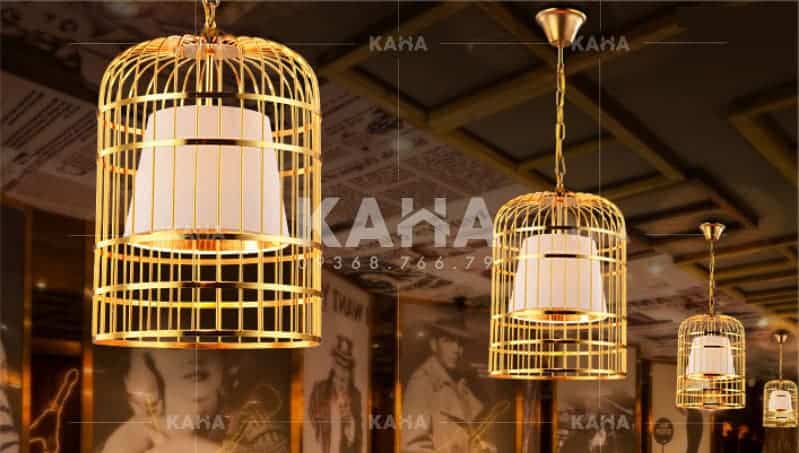 Đèn lồng vải khung sắt hình lồng chim chao vải vintage decor quán cafe
