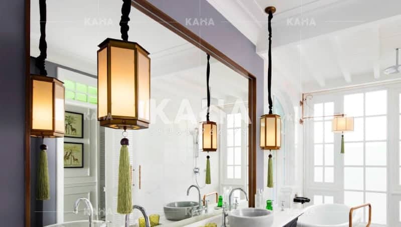 Đèn vải trang trí khách sạn 5 sao chao lụa kem treo sảnh lobby cao cấp