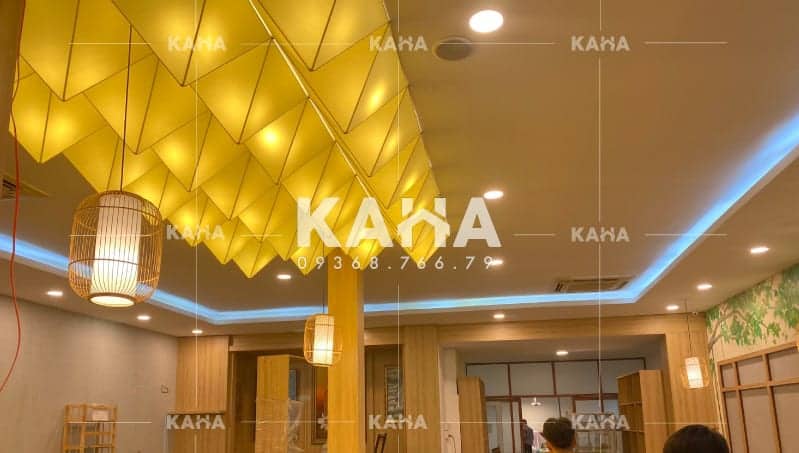 Đèn vải trang trí nhà hàng chay chao vải bố nâu mộc phong cách Á Đông